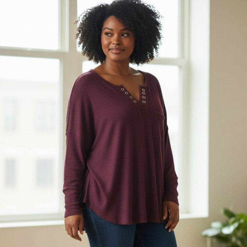 Cato Size 18 20 W Maroon Long Sleeve V Neck Pullover Sweater Henley Top Shirt
